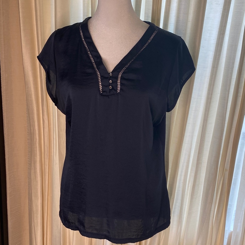 The Limited Navy Mixed Media Blouse with Button Detail